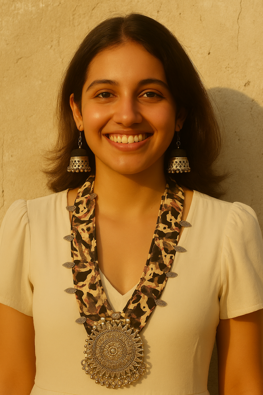 Black Kalamkari Fabric Necklace Embellished with Metal Charms