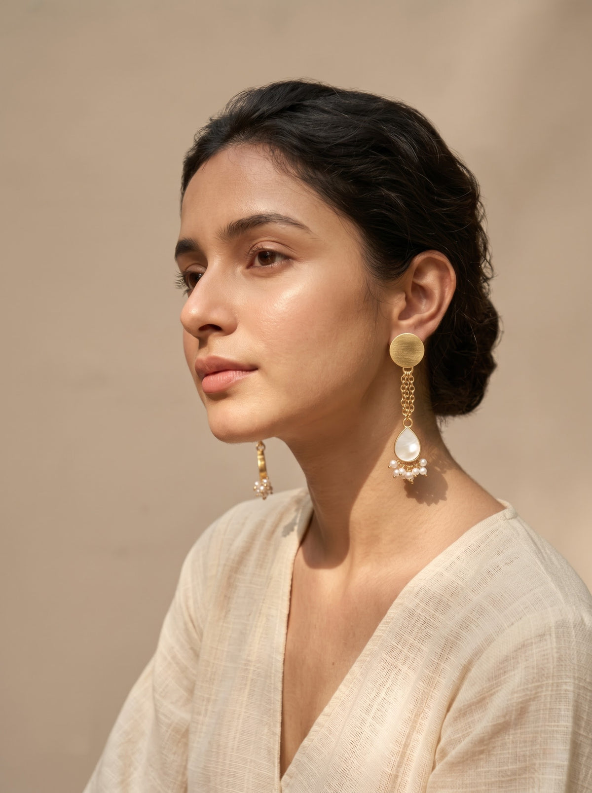 Long Chain Drop Earrings with Ivory Teardrop Stone and Pearl Cluster