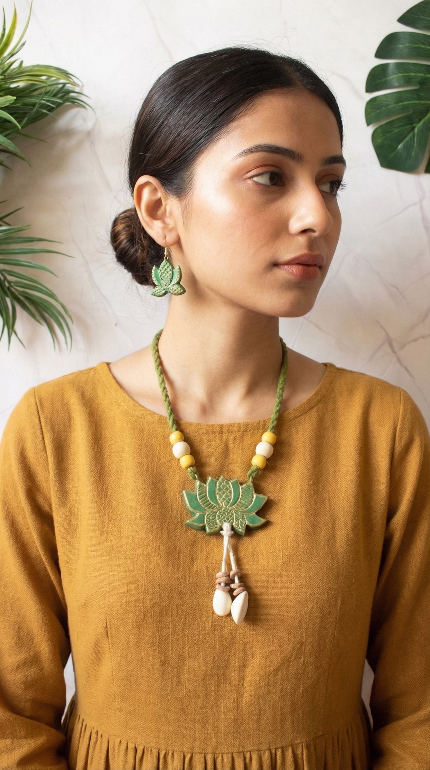 Lotus Hand Painted Terracotta Clay Necklace Set