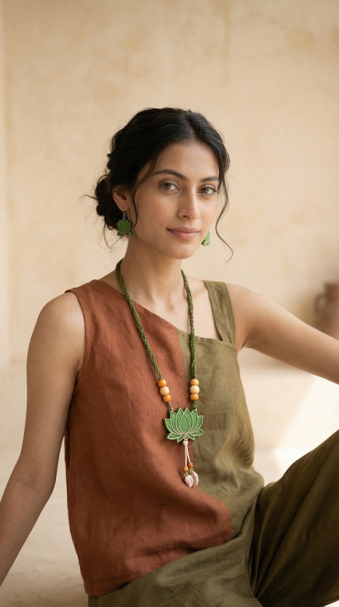 Lotus Hand Painted Terracotta Clay Necklace Set