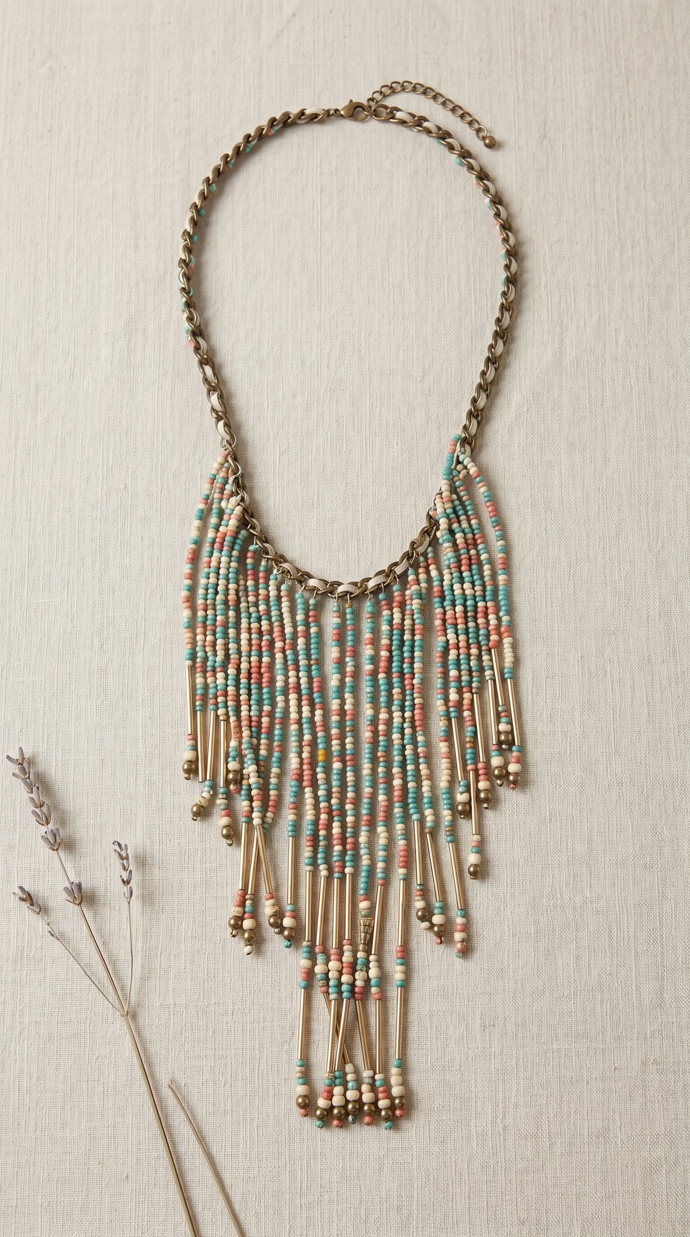 Coral and Teal Boho Handmade Necklace with Chain Closure