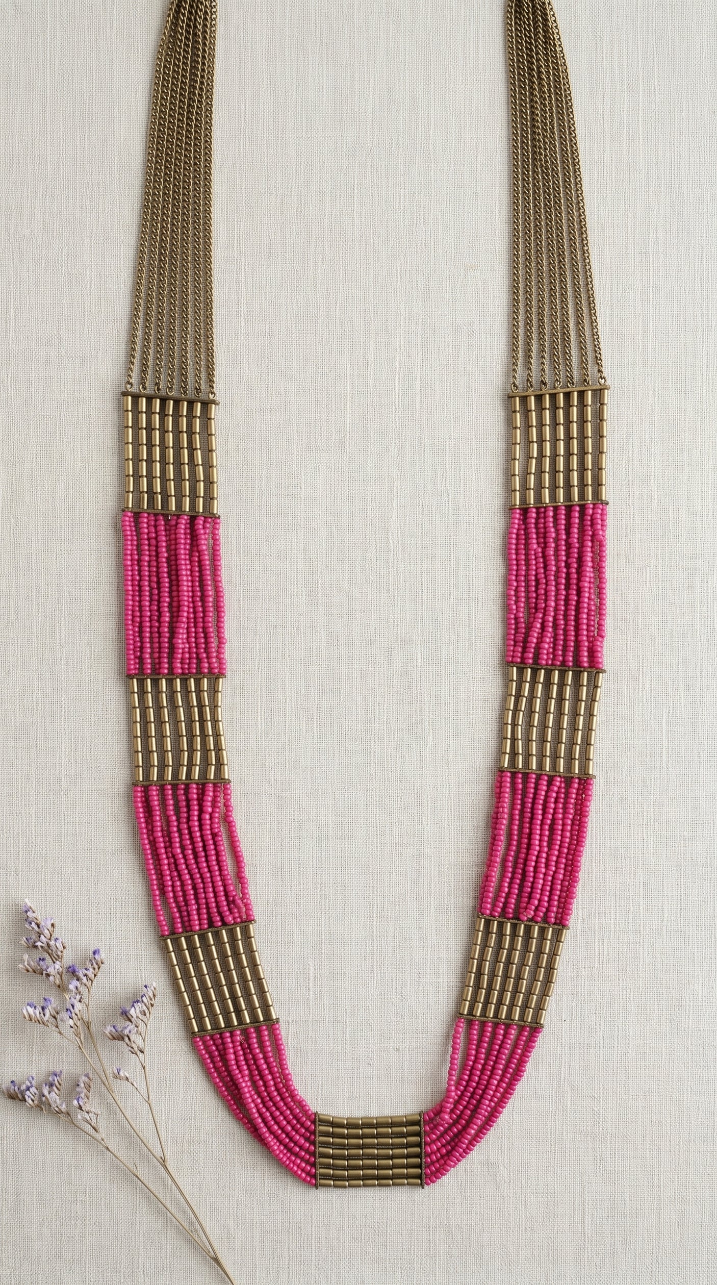 Pink and Gold Multi-Layer Handmade Long Beaded Necklace