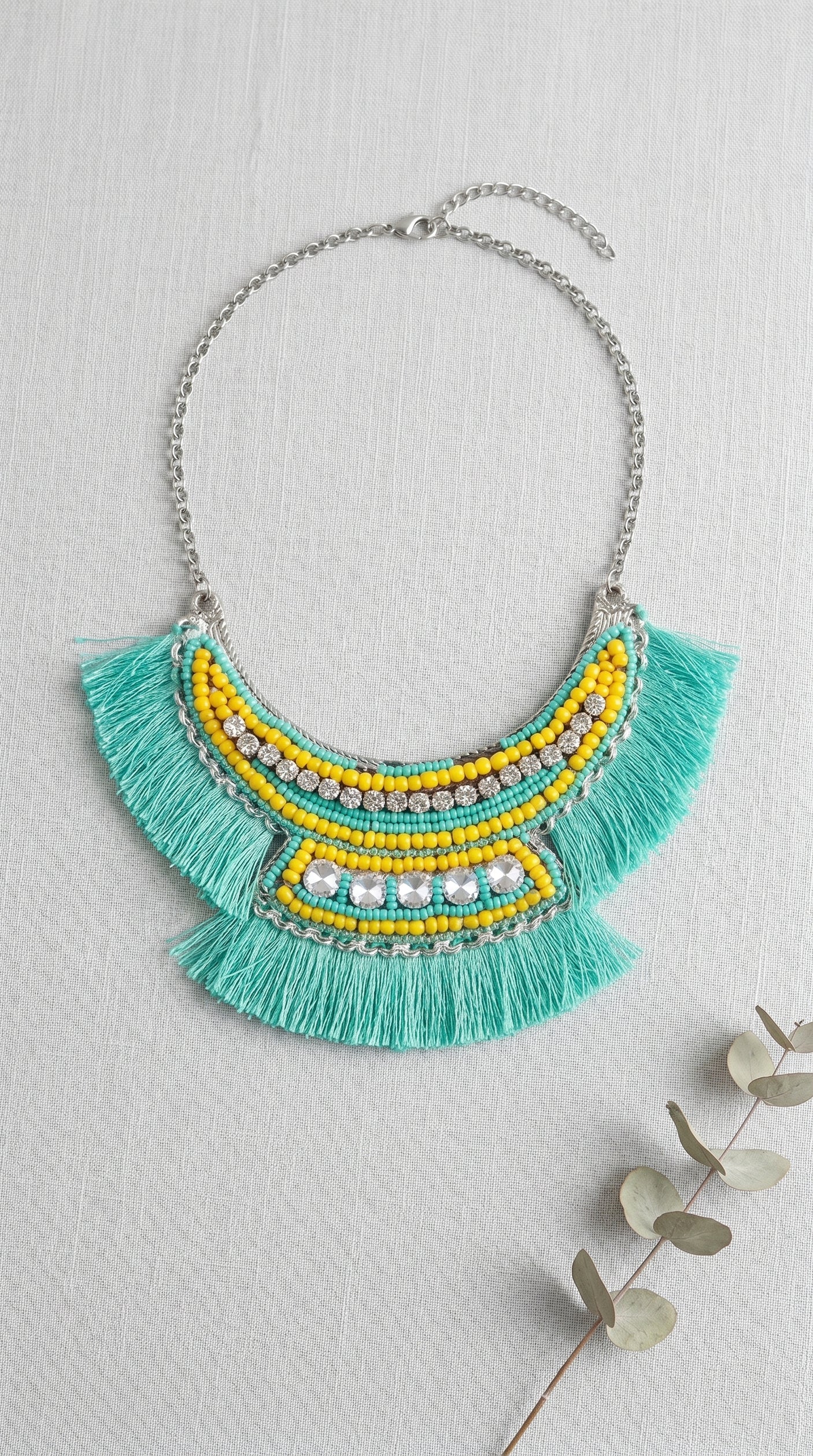 Blue and Yellow Beads and Fabric Threads Handmade Boho Necklace