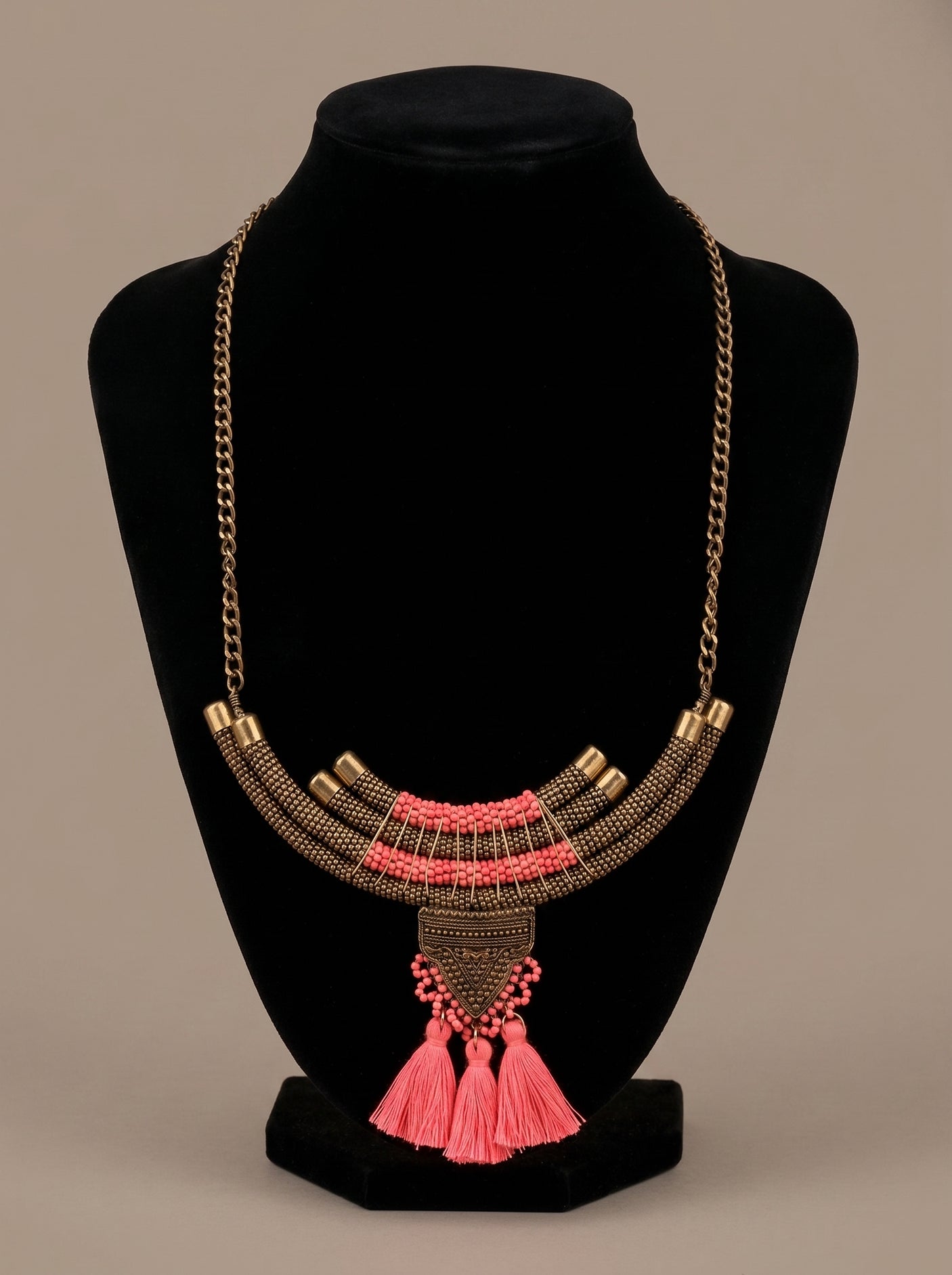 Layered Antique Brass Necklace with Coral Tassels