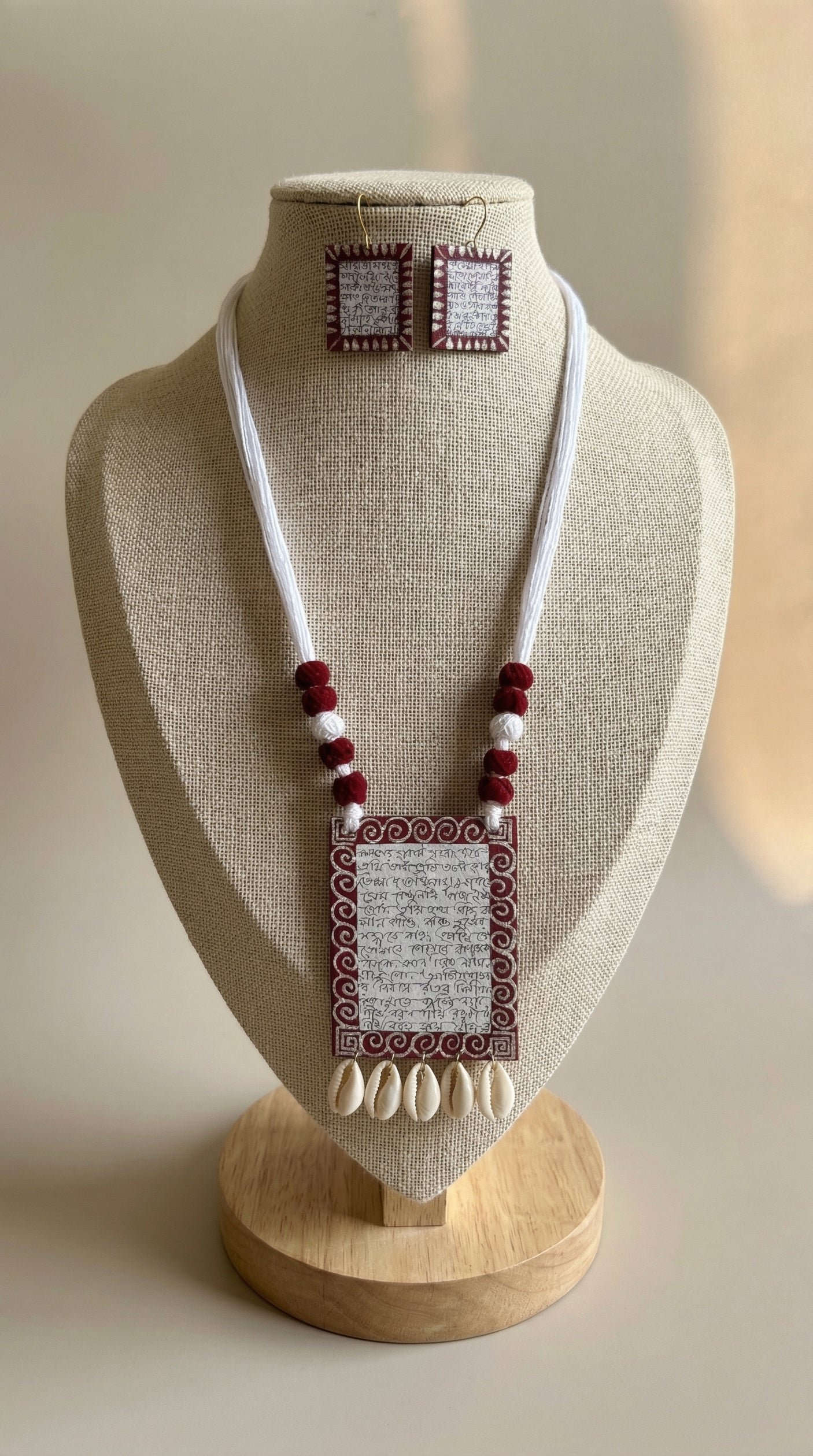 Mantra Printed Fabric Beads Necklace Set with Shell Work and Thread Closure