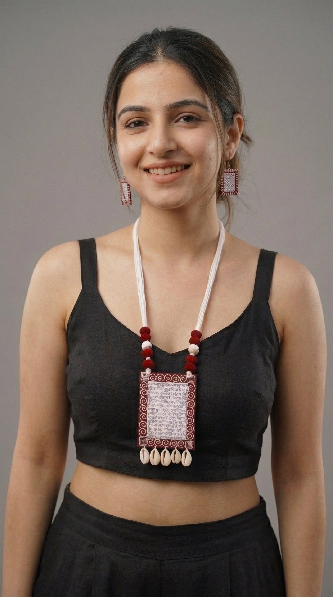 Mantra Printed Fabric Beads Necklace Set with Shell Work and Thread Closure