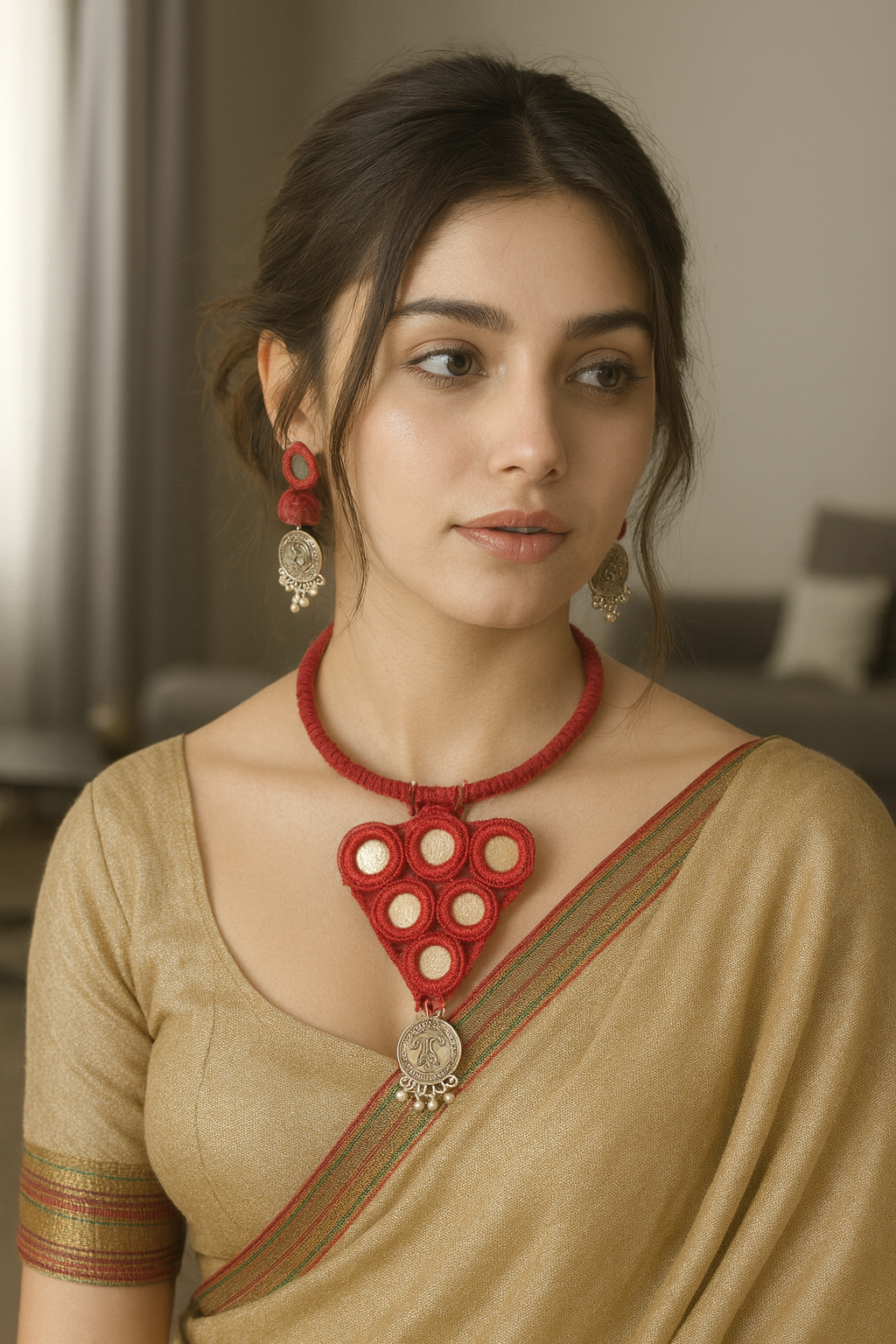 Maroon Fabric and Mirrors Hand Embroidered Hasli Necklace Set