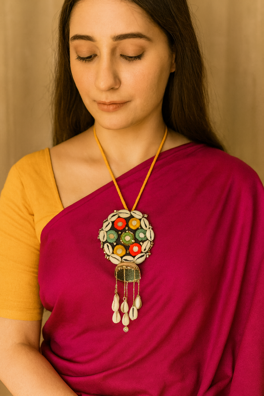 Mirror & Shell Work Hand Embroidered Adjustable Length Necklace