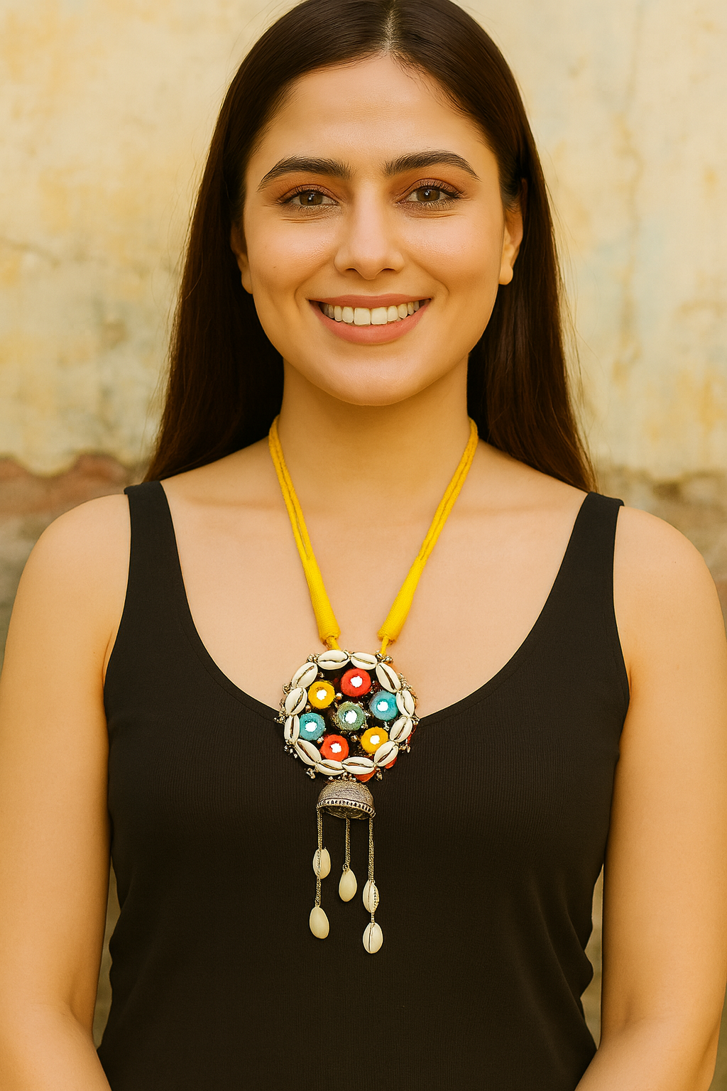 Mirror & Shell Work Hand Embroidered Adjustable Length Necklace