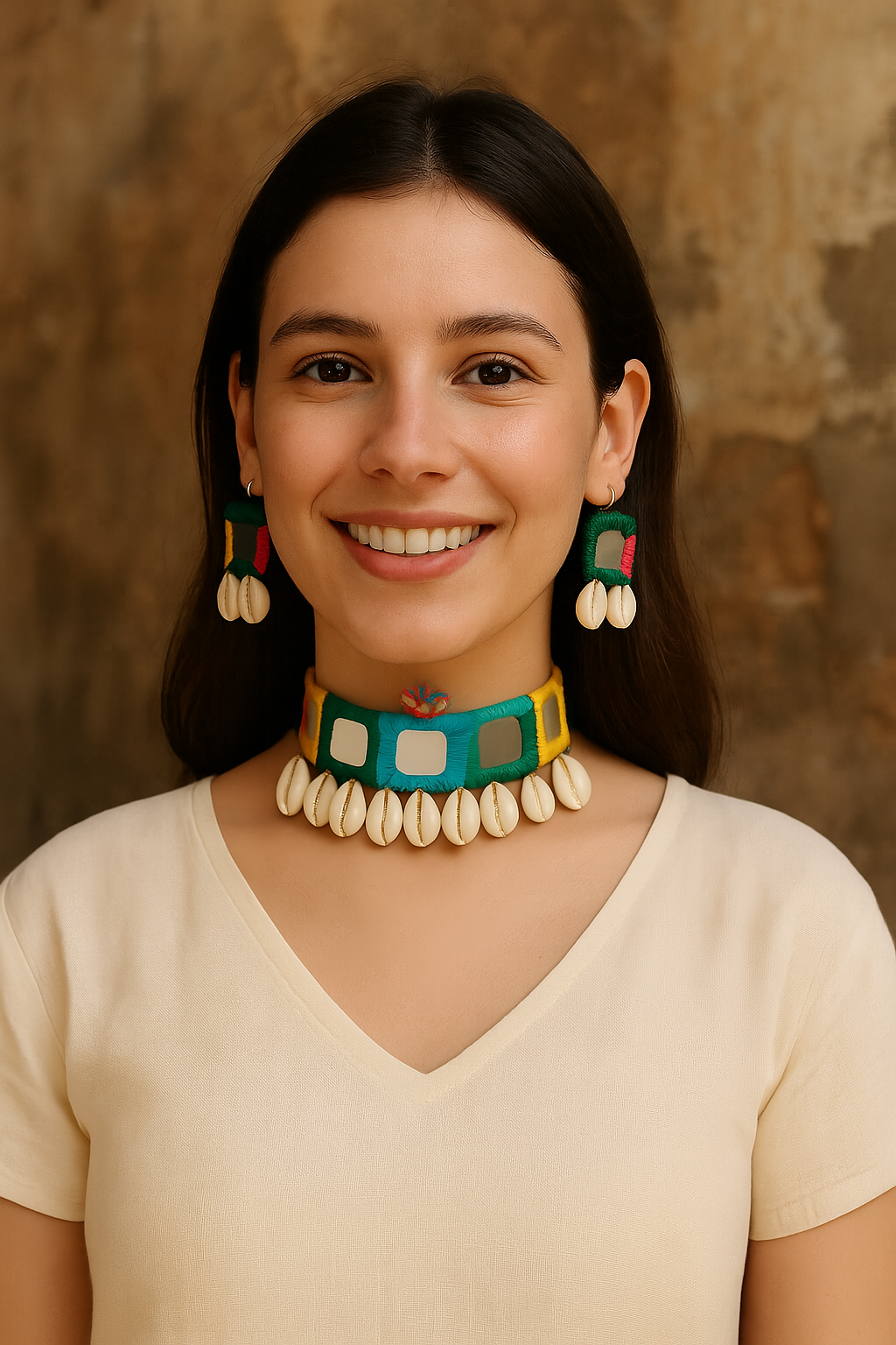 Multi-Color Hand Embroidered Mirrors and Shell Work Choker Necklace Set