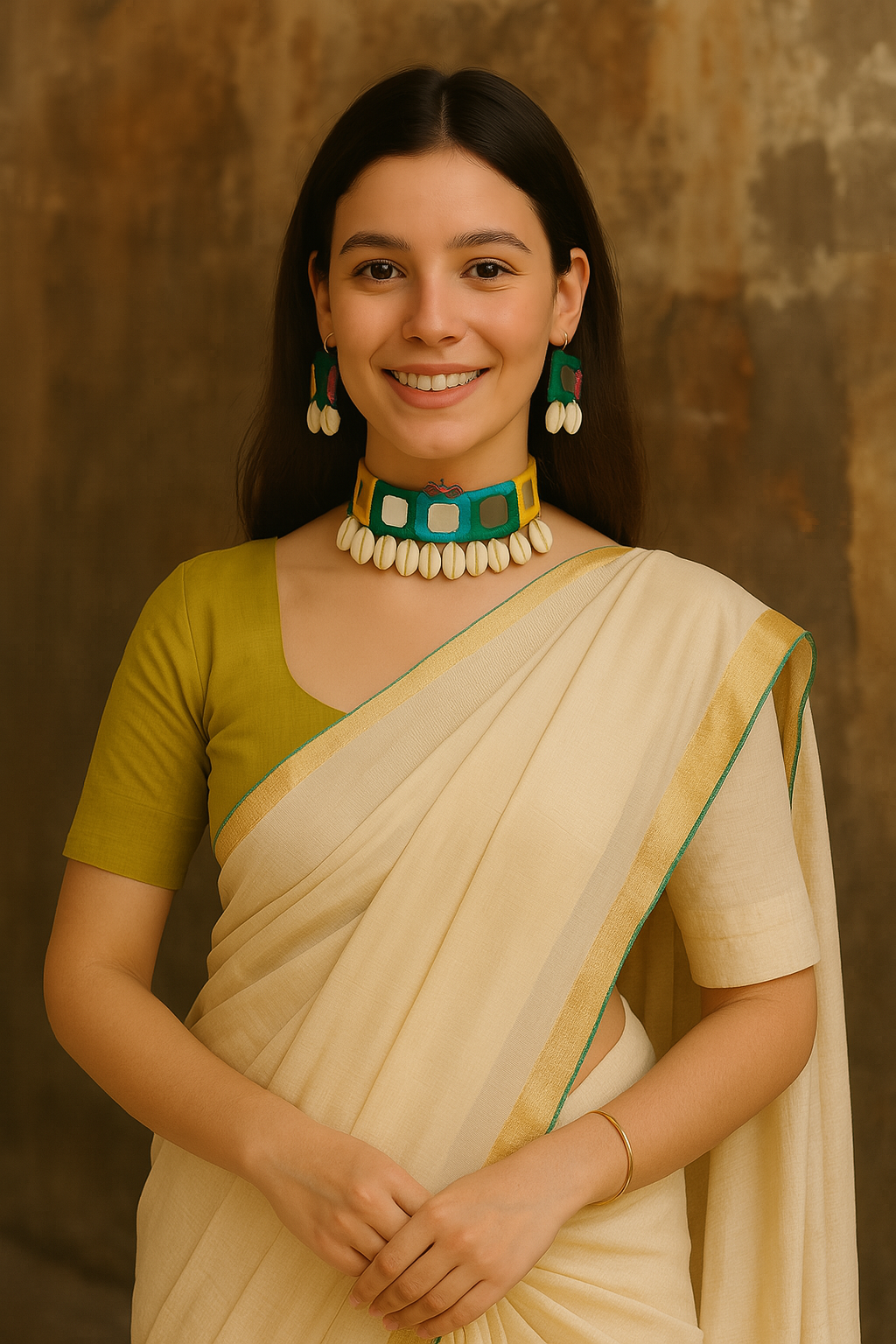 Multi-Color Hand Embroidered Mirrors and Shell Work Choker Necklace Set