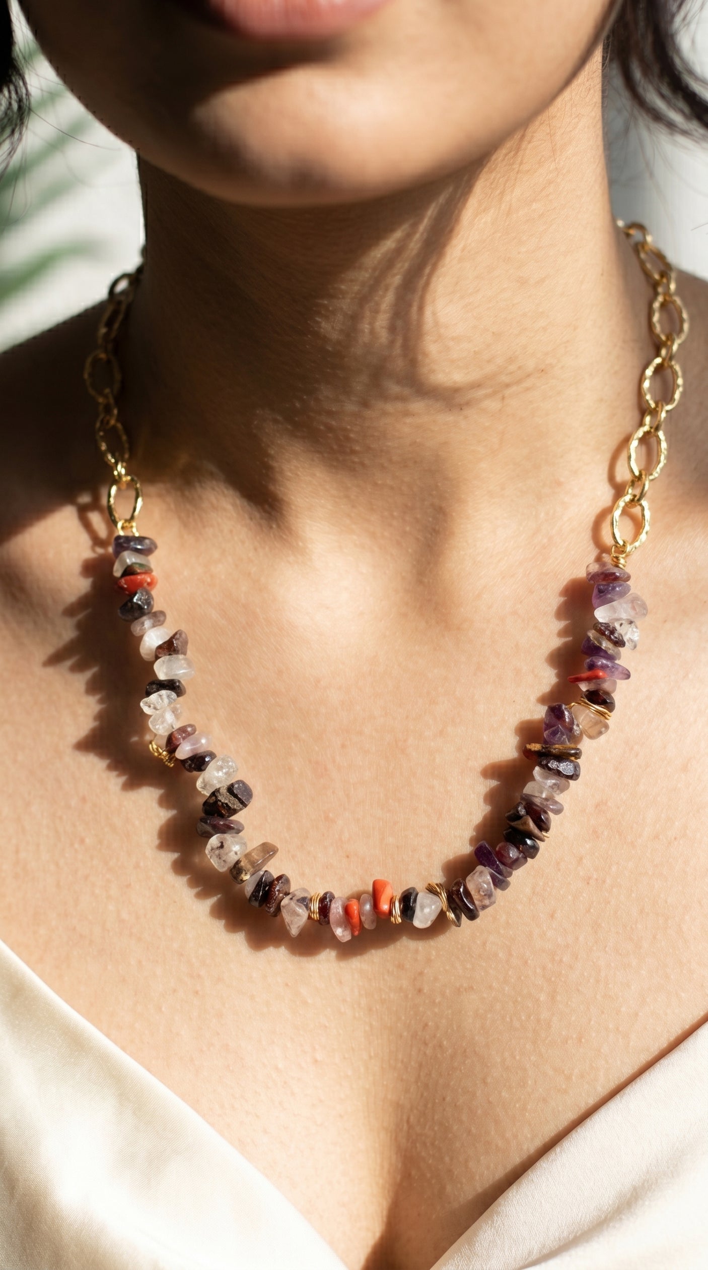 Mixed Raw Gemstone Chips & Gold Oval Link Chain Half & Half Necklace