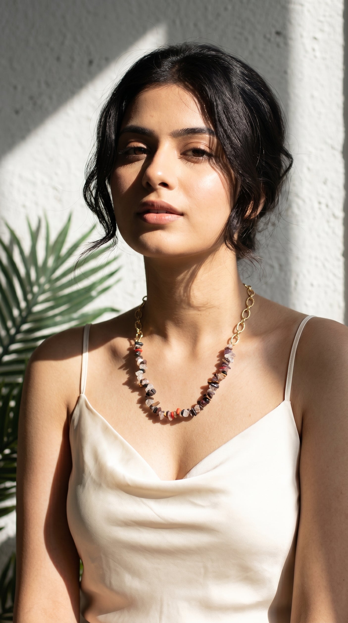 Mixed Raw Gemstone Chips & Gold Oval Link Chain Half & Half Necklace