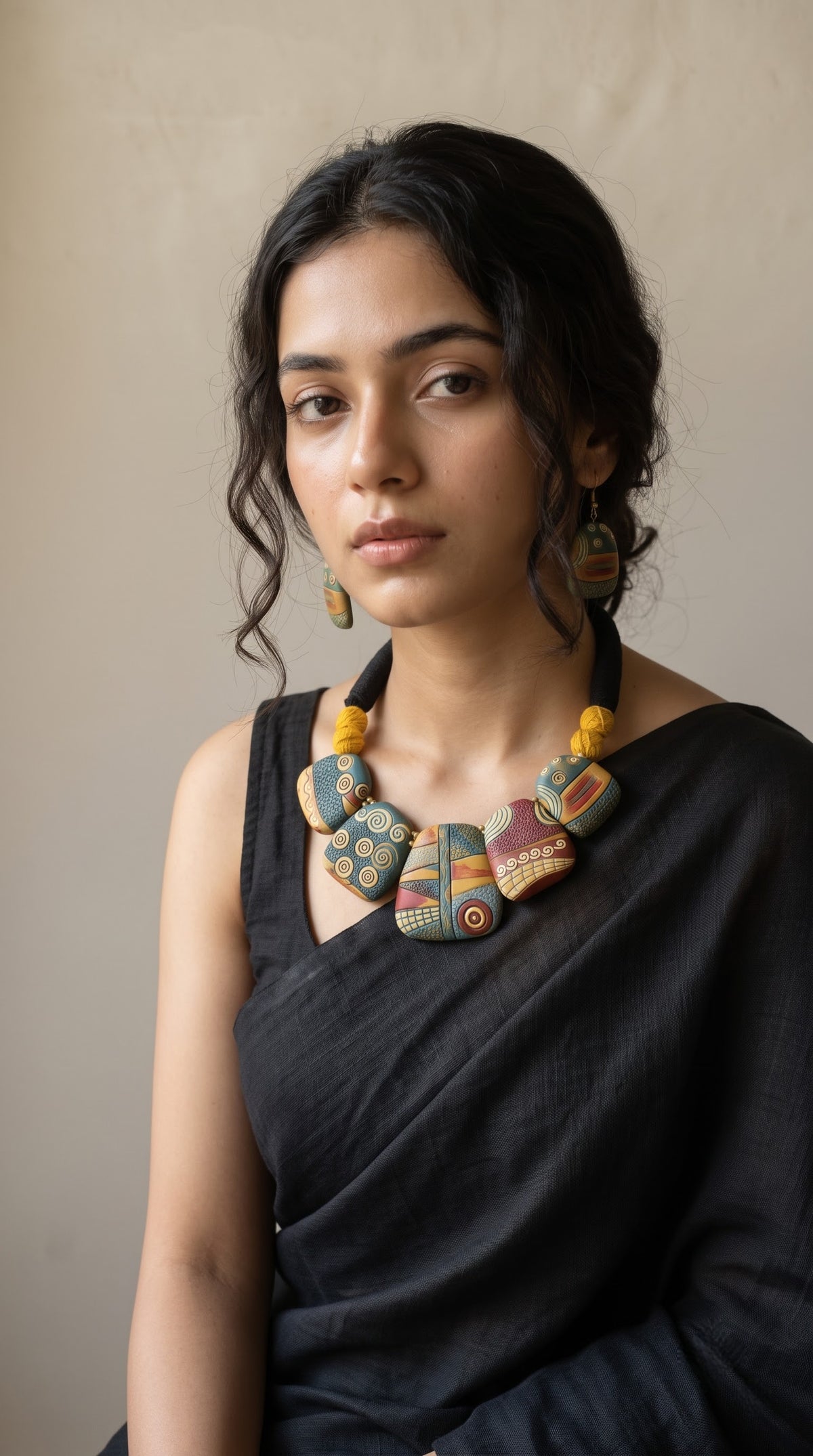 Hand Painted Abstract Motifs Terracotta Clay Necklace Set