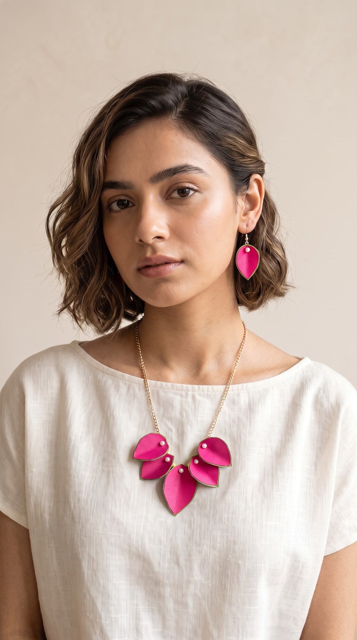 Pink Flower Petals Handmade Fabric Necklace Set