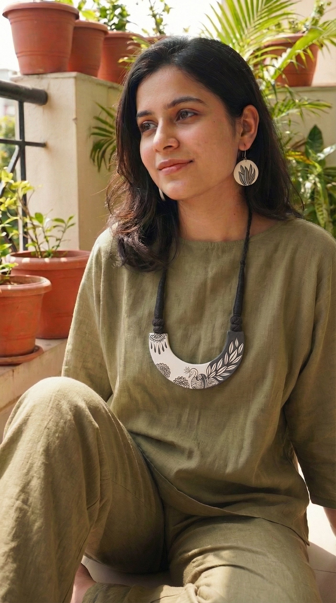 Monochrome Peacock Hand Painted Terracotta Clay Necklace Set with Adjustable Thread Closure