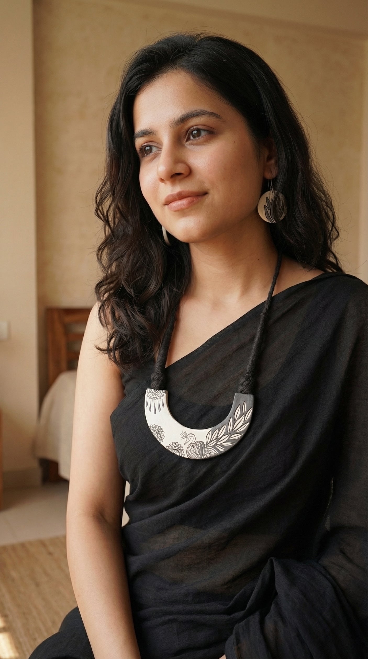 Monochrome Peacock Hand Painted Terracotta Clay Necklace Set with Adjustable Thread Closure