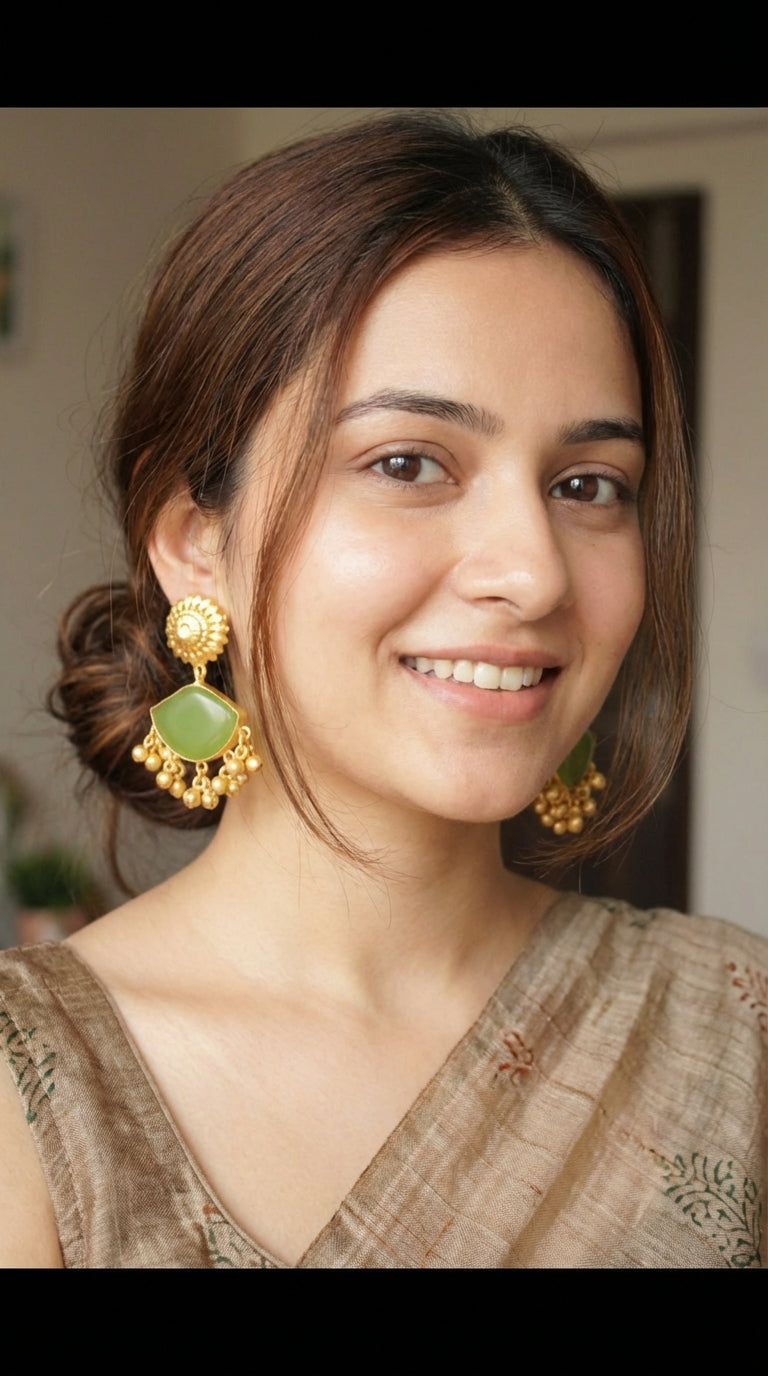 Moss Green Natural Gemstones Embedded Gold Finish Ghungroo Beads Earrings