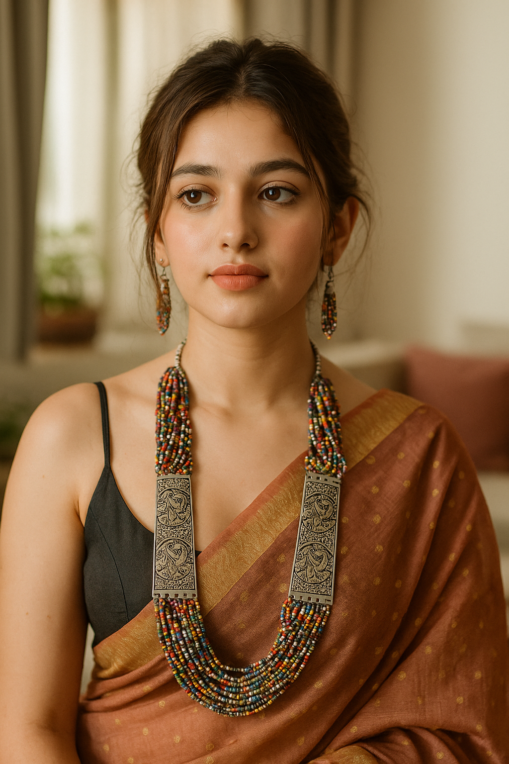 Multi-Color Beaded Multi Layered Necklace Set with Metal Detailing