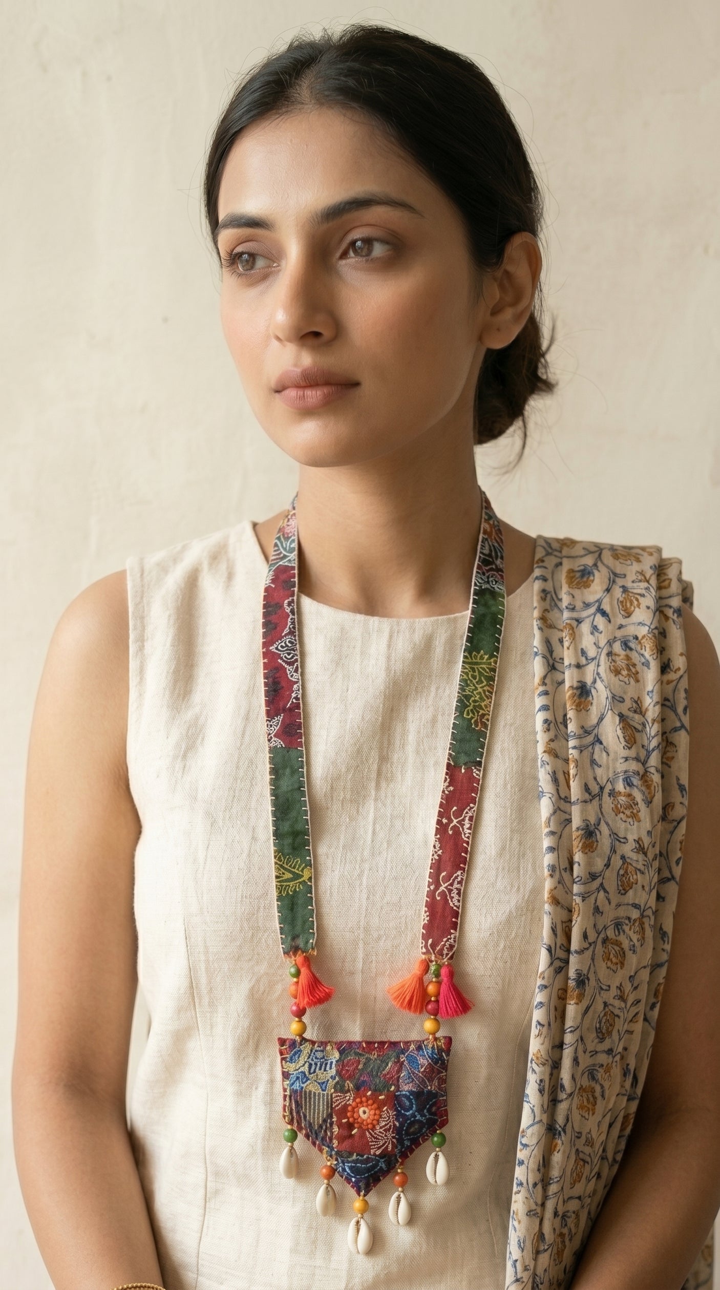 Multi-Color Block Printed Fabric Necklace Accentuated with Shells