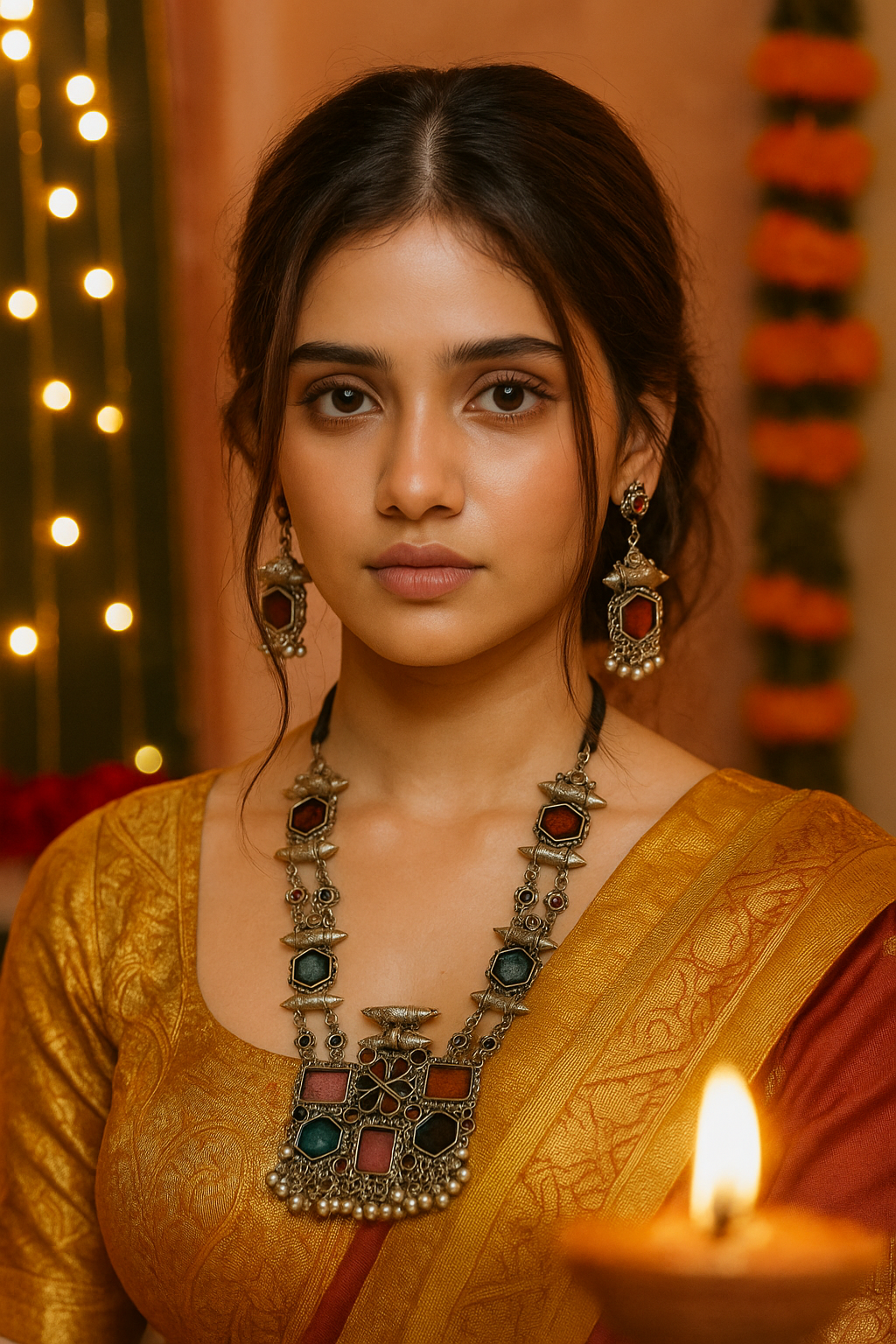 Multi-Color Enamel Painted Oxidised Finish Elaborate Long Necklace Set