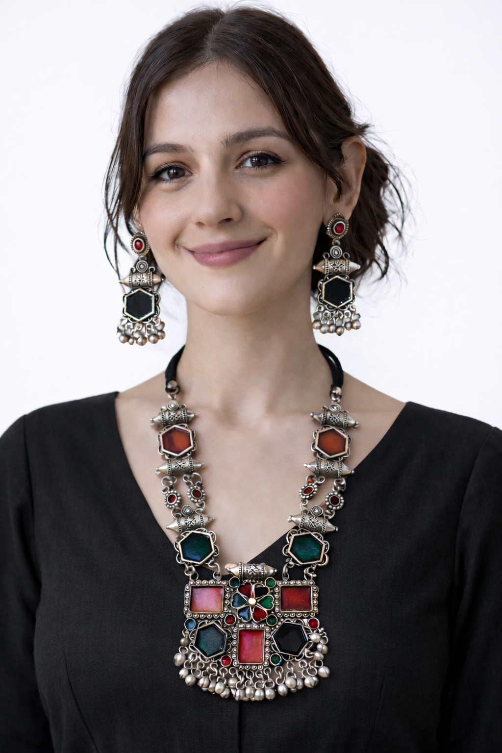 Multi-Color Enamel Painted Oxidised Finish Elaborate Long Necklace Set