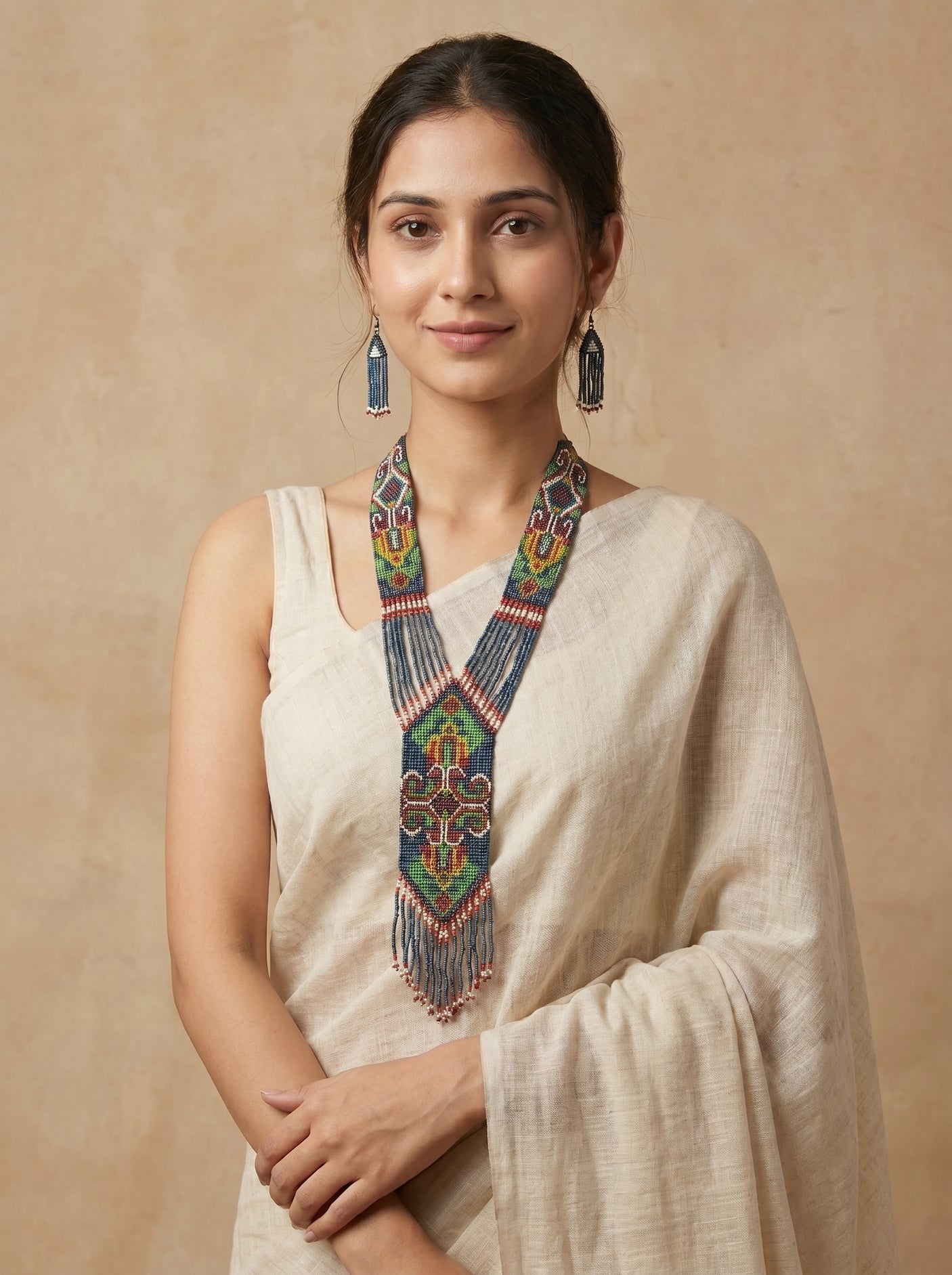 Multi-Color Hand Beaded Long Necklace Set