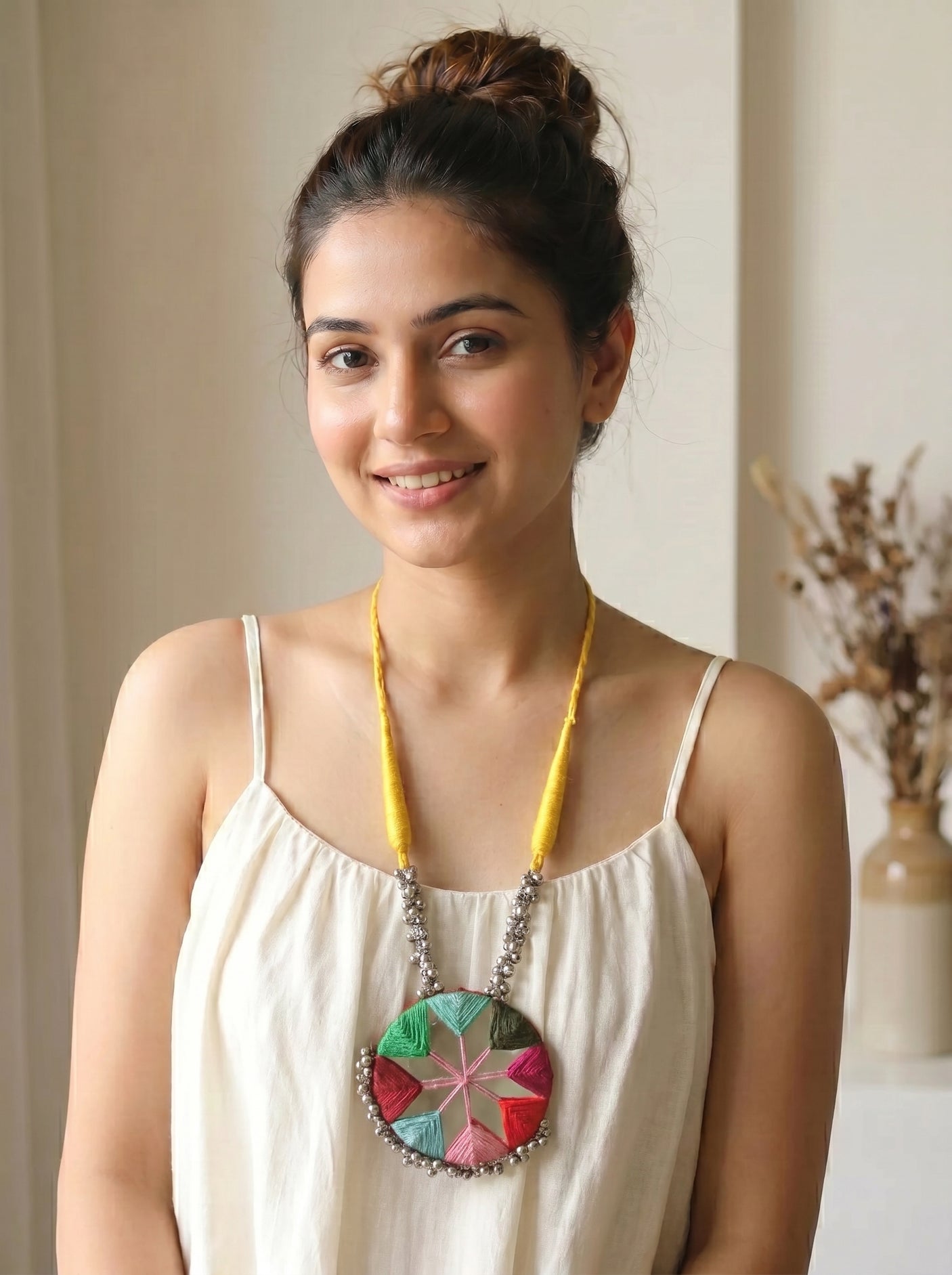 Multi-Color Hand Embroidered Mirror and Ghungroo Necklace