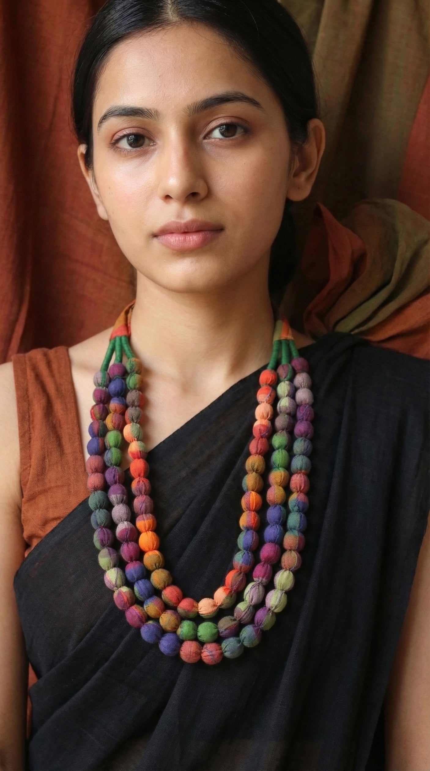 Multi-Layer Earthy Tones Fabric Beads Necklace