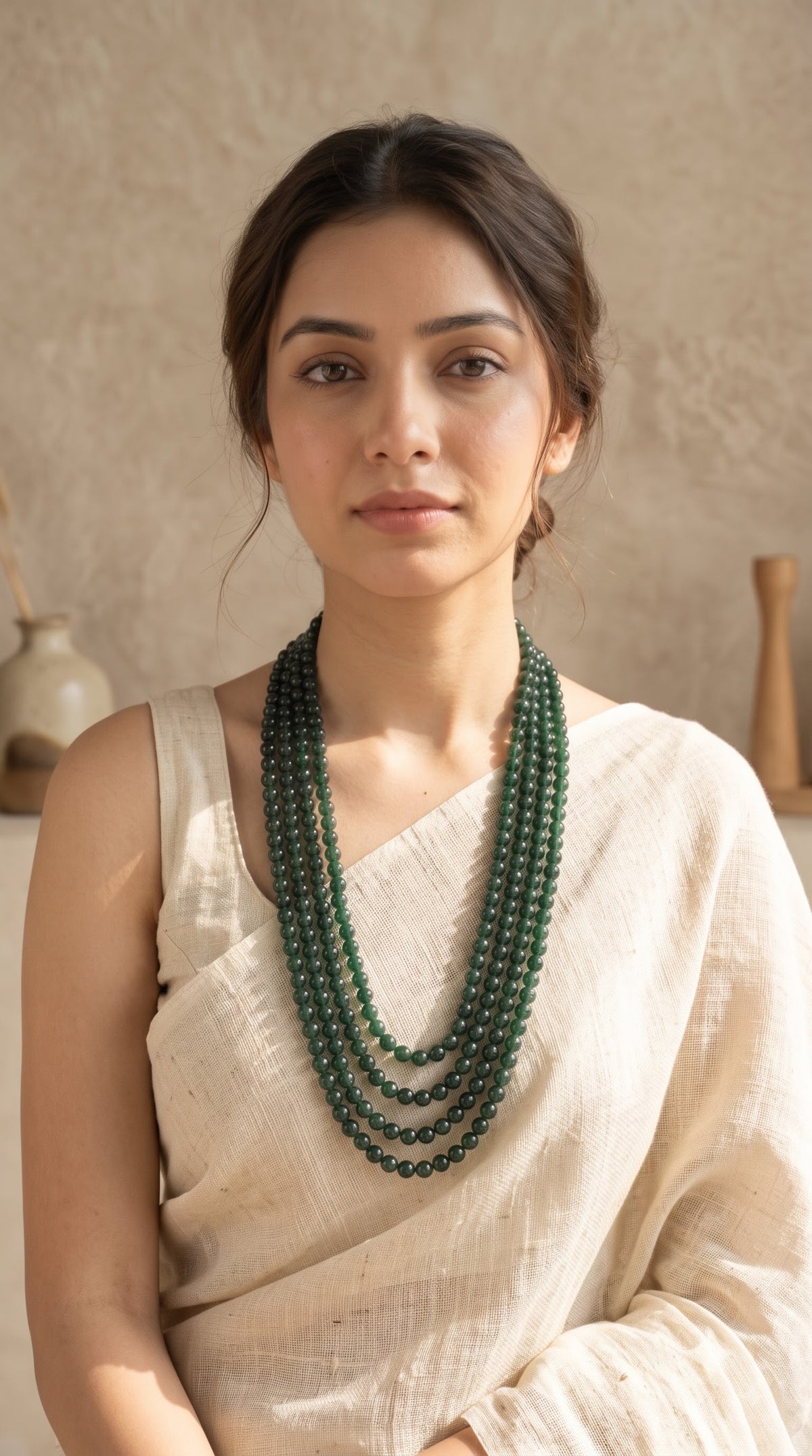 Multi Strand Green Round Glass Bead Long Opera Necklace
