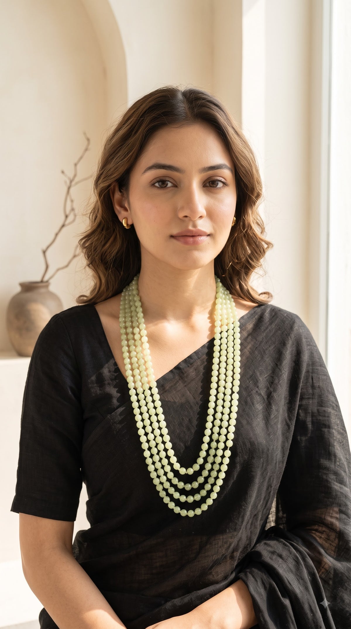 Multi Strand Sea Green Round Glass Bead Long Opera Necklace
