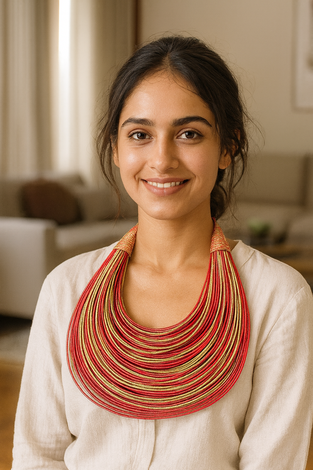 Muted Beige and Red Handmade Silk Threads Multi-Layer Statement African Choker Necklace