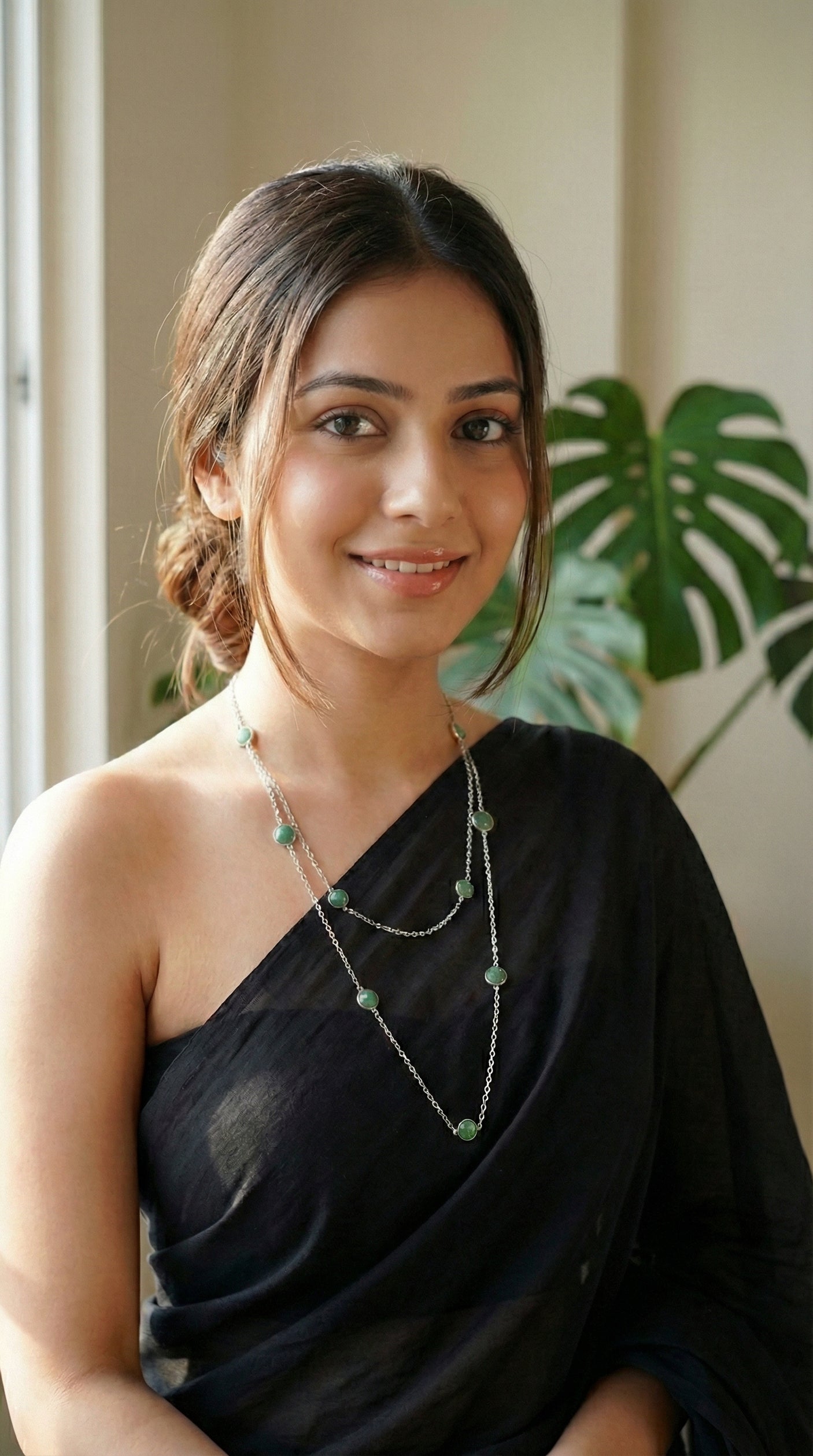 Natural Gemstones Embedded Silver Long Chain Necklace