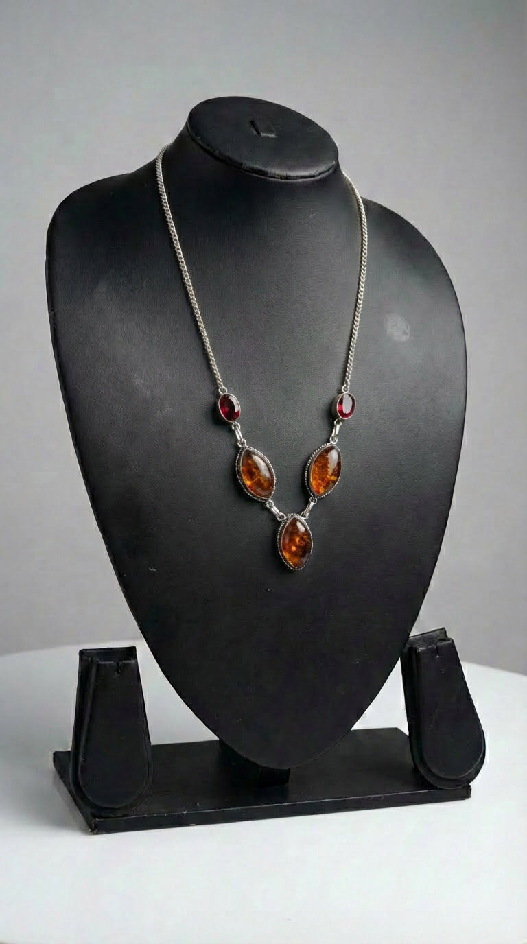 Amber Natural Gemstones Embedded Silver Chain Necklace