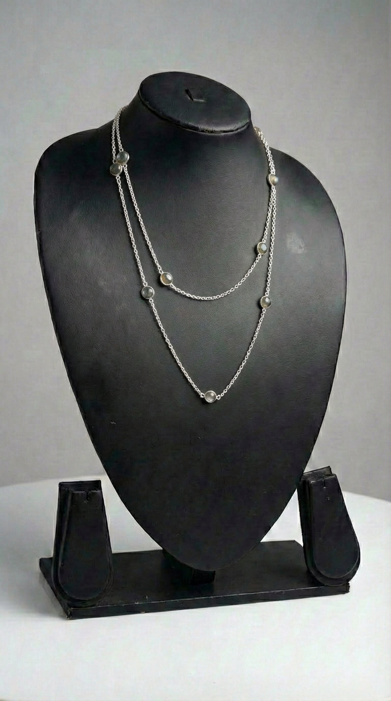 Grey Natural Gemstones Embedded Silver Long Chain Necklace