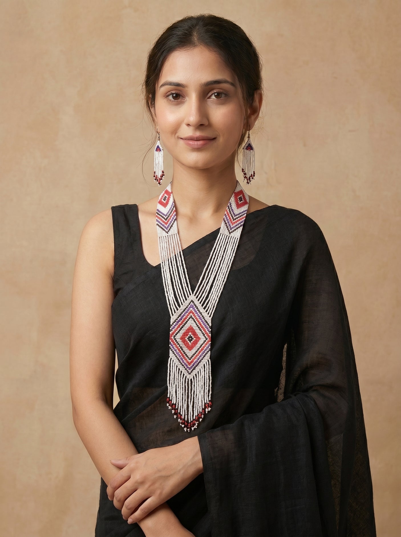 Off-White and Multi-Color Hand Beaded Long Necklace Set