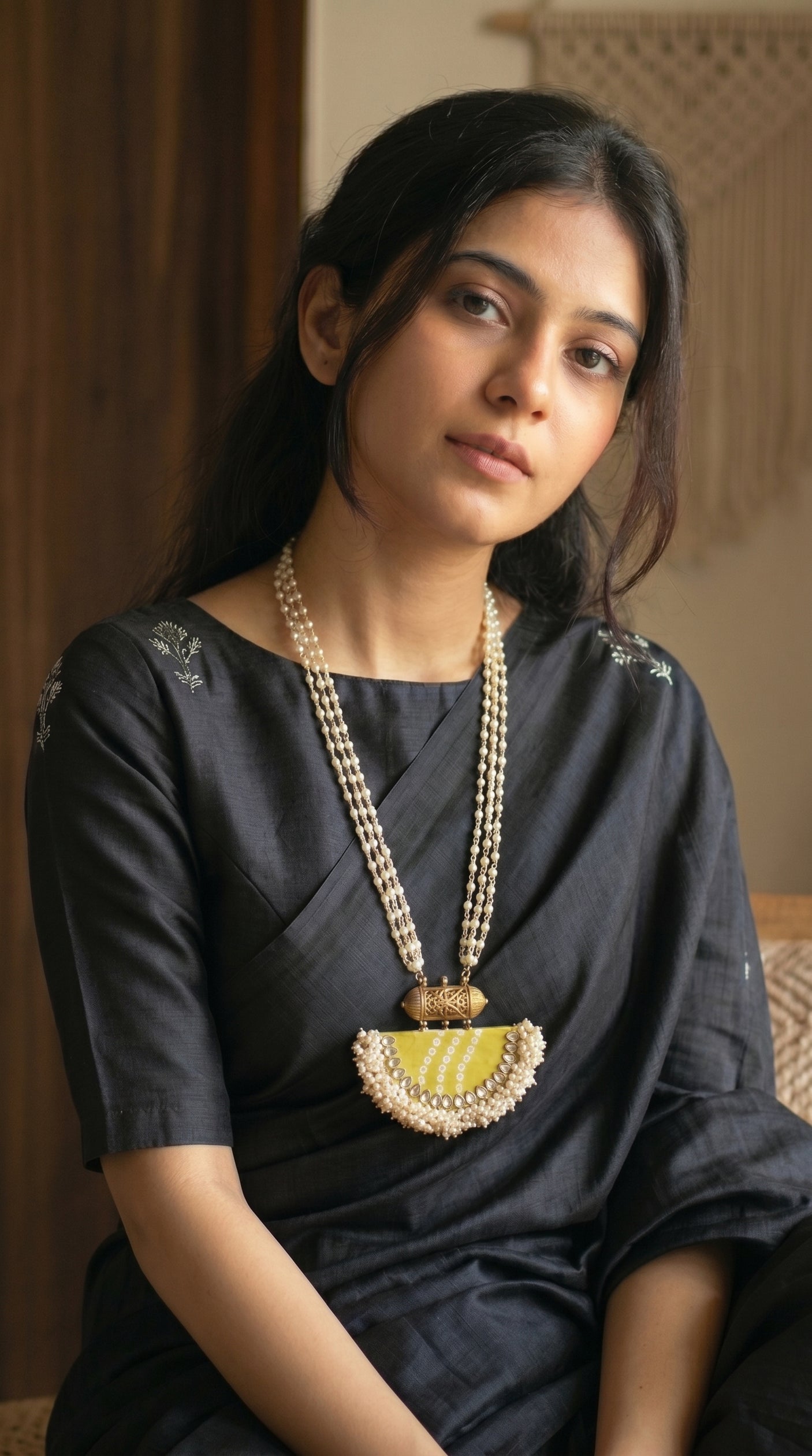 Olive Green Bandhani Fabric Pendant Pearl Strand Necklace