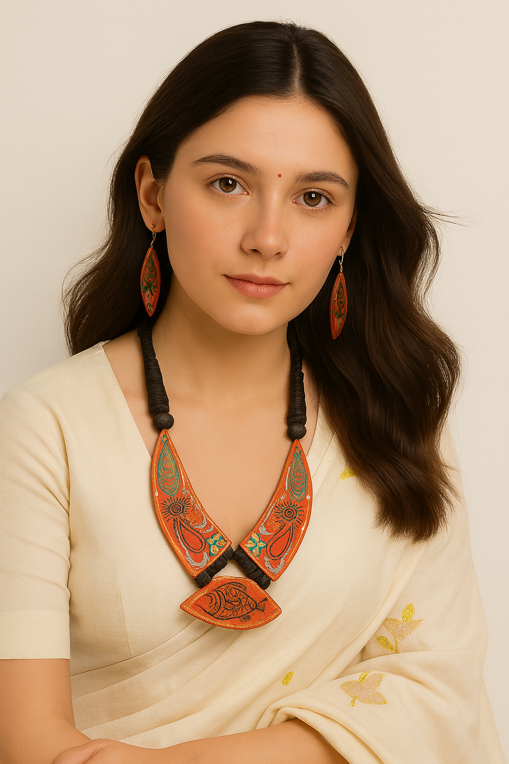 Orange Hand Painted Fabric Adjustable Length Choker Necklace Set