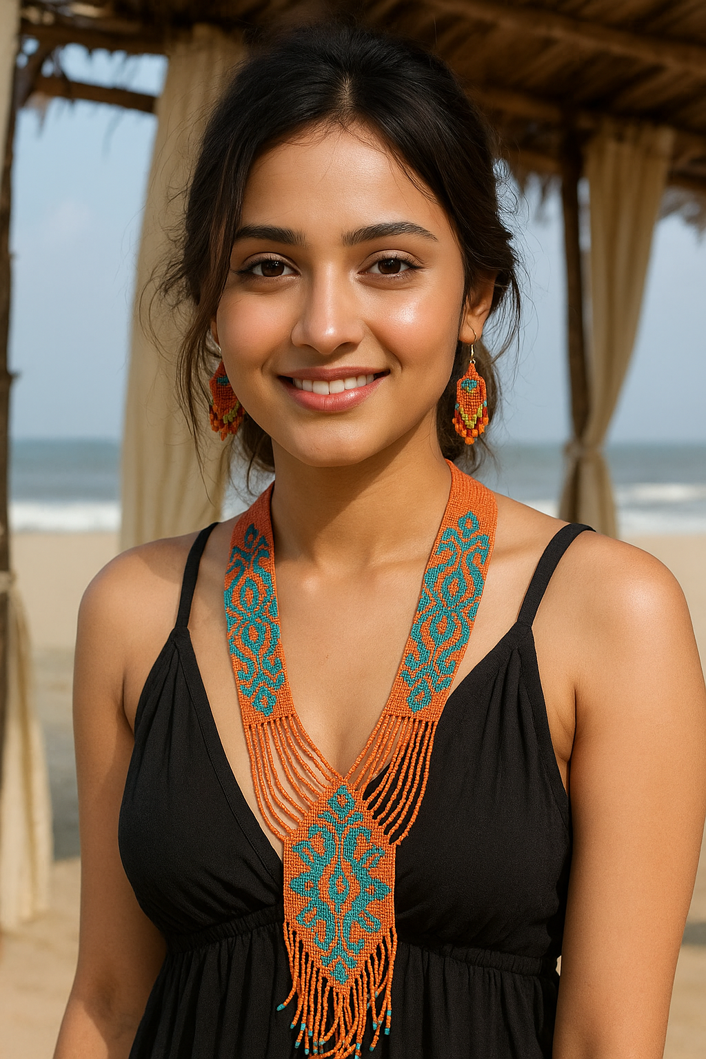 Orange and Blue Hand Beaded Long Necklace Set