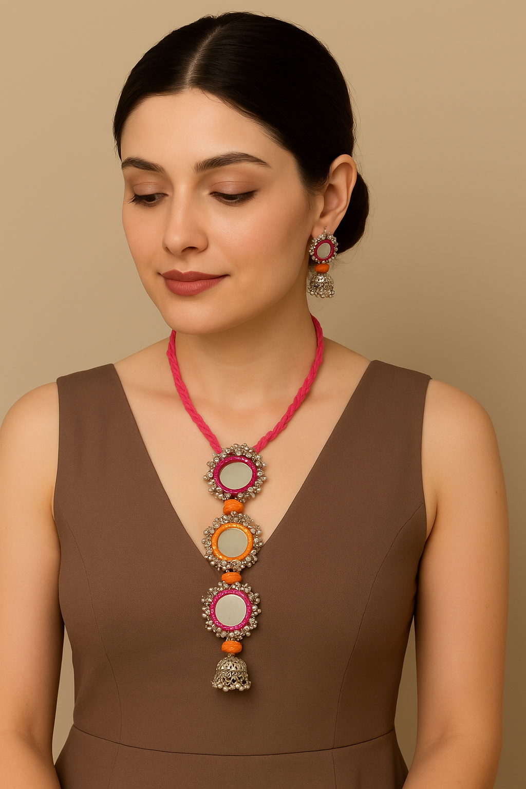 Orange and Pink Fabric and Mirrors Handmade Necklace Set