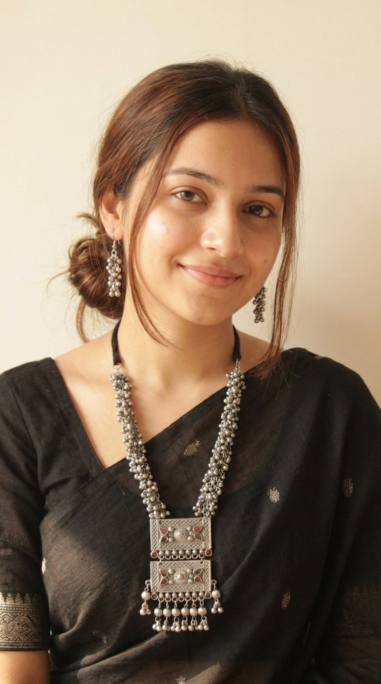 Oxidised Finish Ghungroo Embellished Long Statement Necklace Set