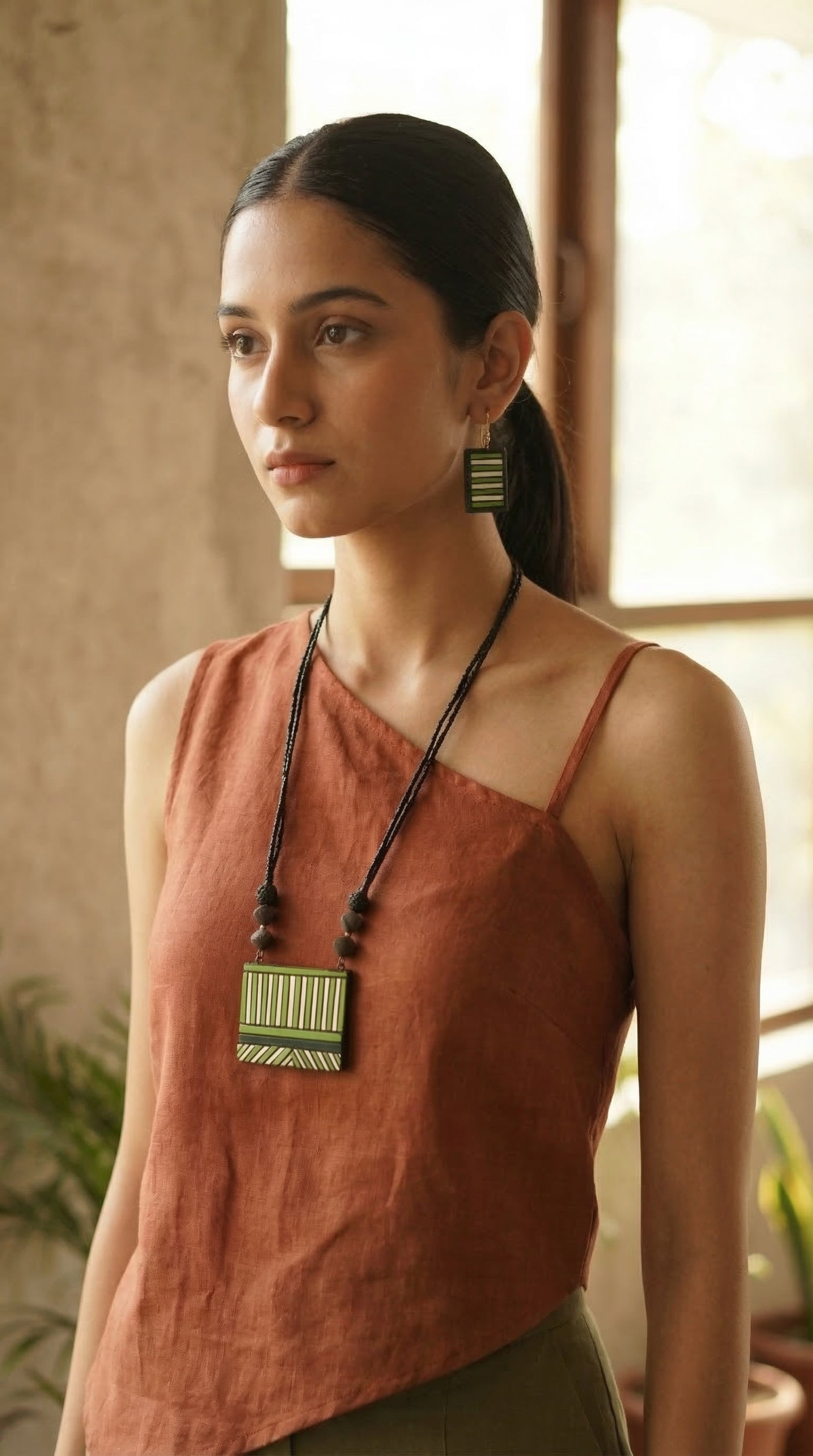Pattachitra Stripe Handcrafted Terracotta Clay Necklace Set