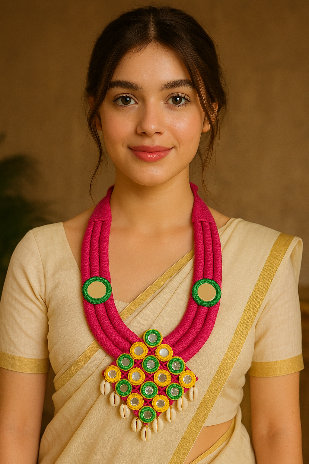 Bohemian Pink Embroidered Necklace with Mirrors and Shells