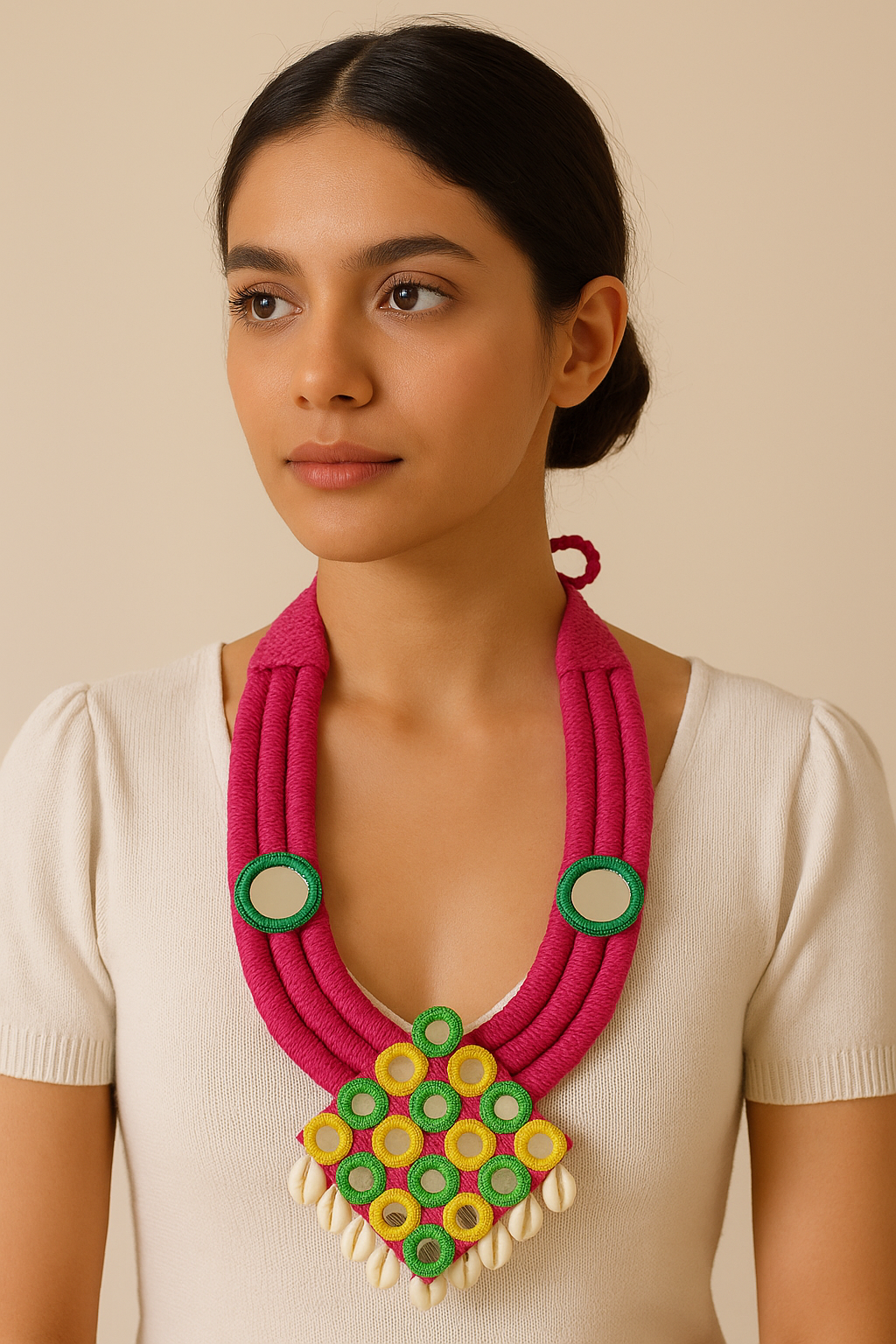 Bohemian Pink Embroidered Necklace with Mirrors and Shells