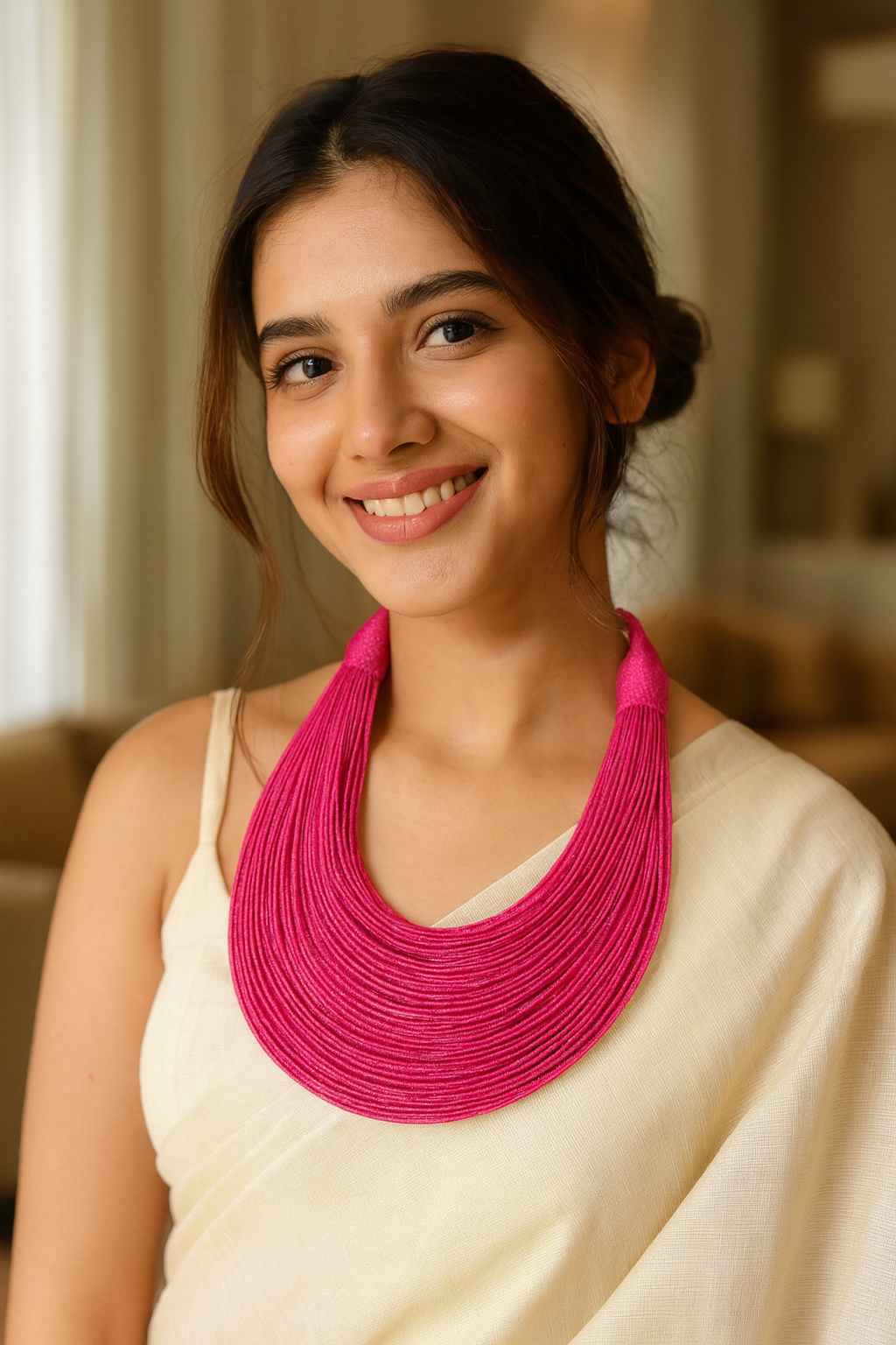Fuchsia Handmade Silk Threads Multi-Layer Statement African Choker Necklace