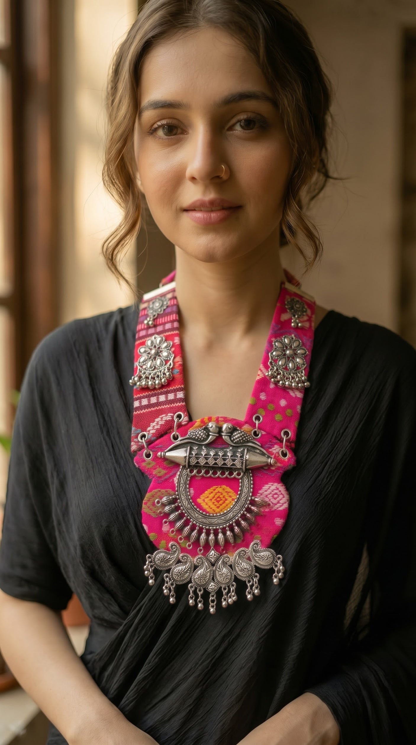 Pink Patola Oxidised Bird Collar Necklace