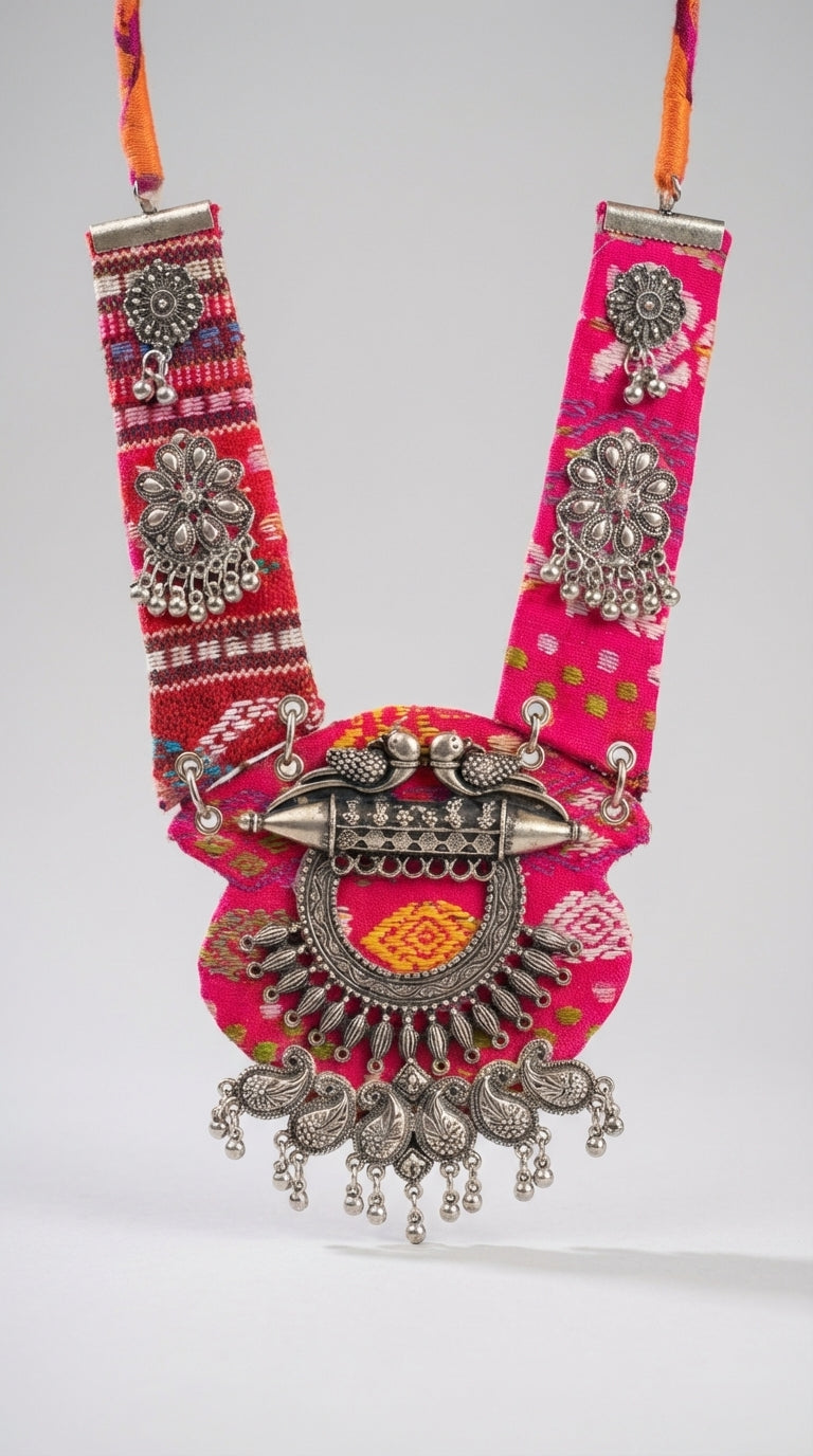 Pink Patola Oxidised Bird Collar Necklace