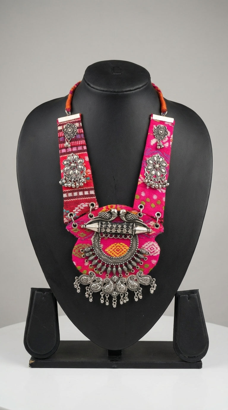 Pink Patola Oxidised Bird Collar Necklace