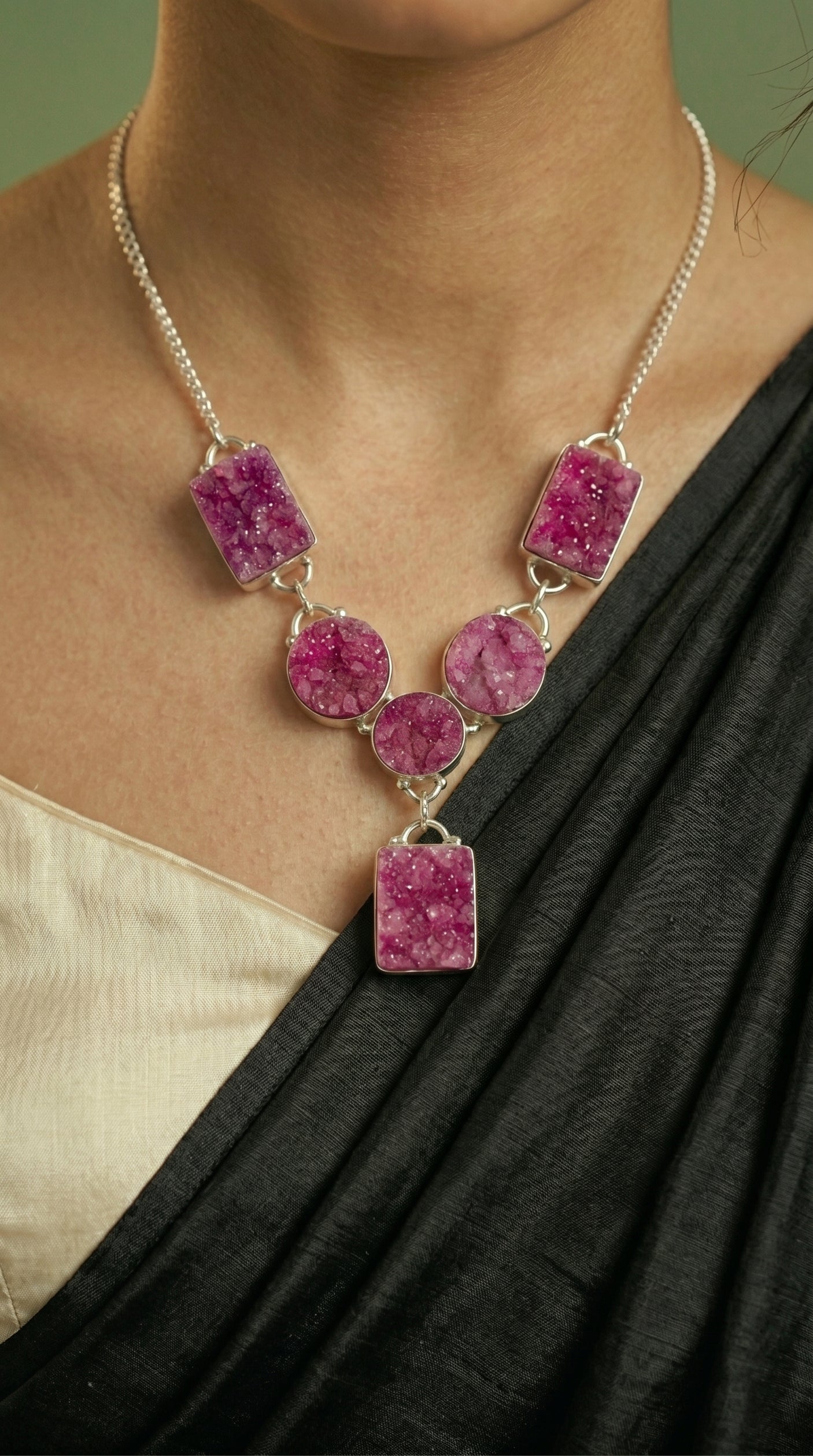 Pink Sugar Druzy Natural Gemstones Embedded Silver Chain Necklace