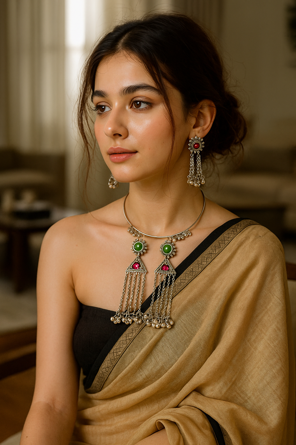 Pink and Green Stones Embedded Tassel Chains Hasli Necklace Set